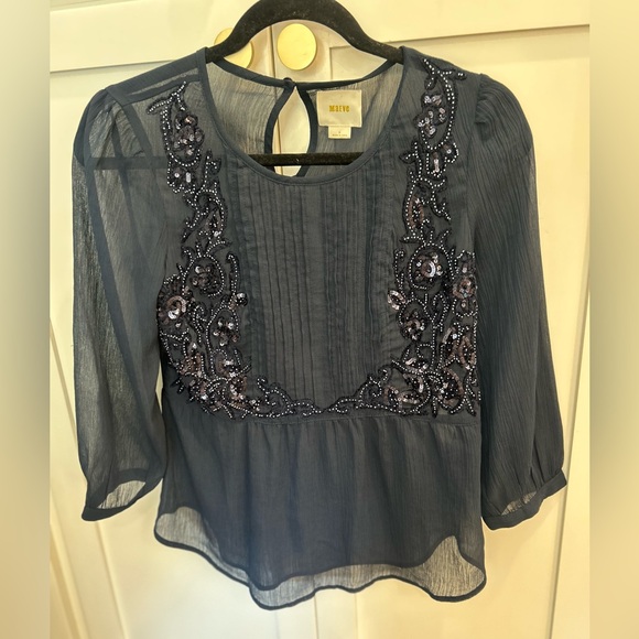 Maeve Anthropologie Midnight Blue Embellished Blouse! Stunning! Size 0 - Picture 1 of 5